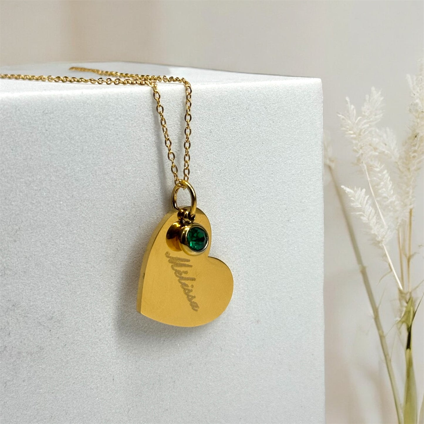 Collier prénom + pierre de naissance - pendentif cœur