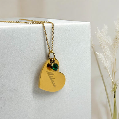 Collier prénom + pierre de naissance - pendentif cœur
