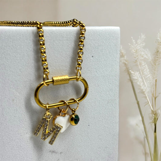 Collier initiale + pierre de naissance + cœur
