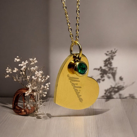 Collier prénom + pierre de naissance - pendentif cœur