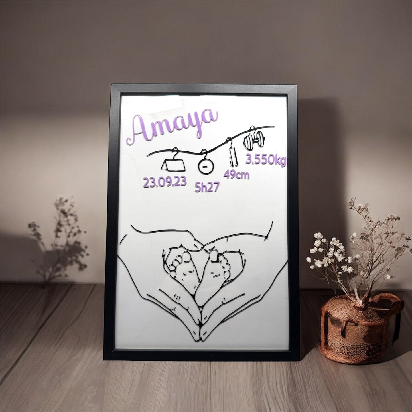 Tableau de naissance « mains en cœur »