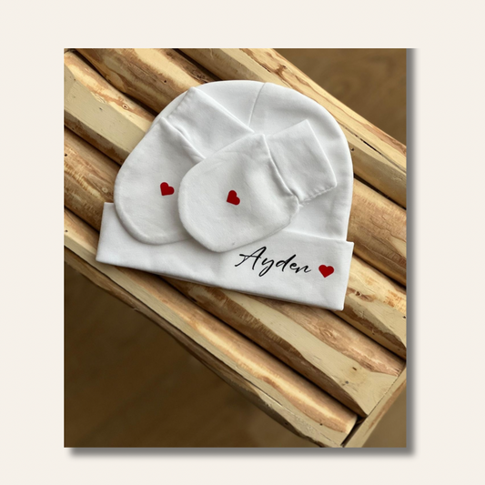 Ensemble bonnet et moufles bébé personnalisable