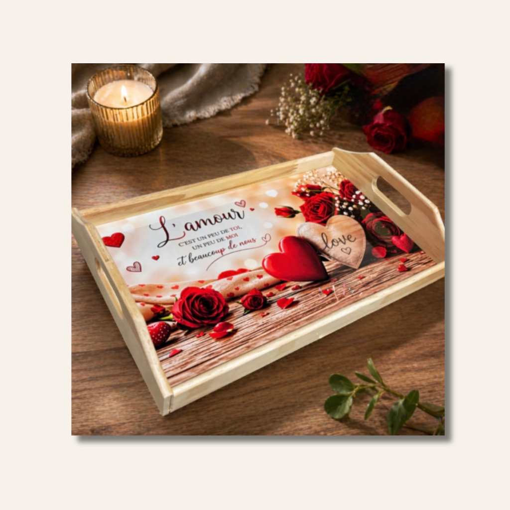 Plateau rectangulaire en bois avec plaque personnalisable